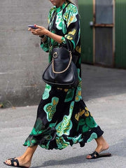 Fashion Print Falbala Round neck Long sleeve Maxi Dresses