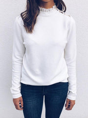 Round collar Lace Hem with shoulder button design Long Sleeve T-shirts