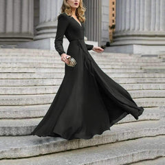 Pure V neck Long sleeve Lacing Skater Maxi Dresses