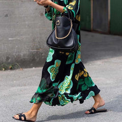 Fashion Print Falbala Round neck Long sleeve Maxi Dresses