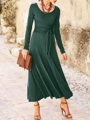 Fashion Pure Round neck Long sleeve Tee Lacing Maxi Dresses
