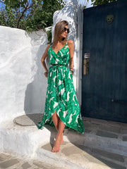 Casual Floral print V neck Vest Lacing Skater Dresses