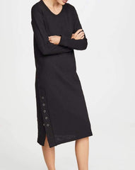 Fashion Pure Round neck Long sleeve Vent Maxi Dresses