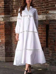Fashion Pure V neck Hollow out Gored Long sleeve Maxi Dresses