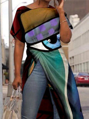 Multicolor Asymmetrical Abstract Round Neck Holiday Shirts & Tops