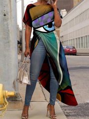 Multicolor Asymmetrical Abstract Round Neck Holiday Shirts & Tops