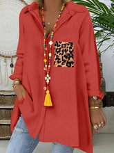 Casual Loose Lapel Gored Leopard print Pocket Long sleeve Blouses