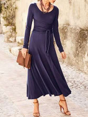 Fashion Pure Round neck Long sleeve Tee Lacing Maxi Dresses