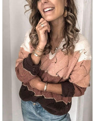 Casual Loose Gored V neck Hollow out Long sleeve Sweaters