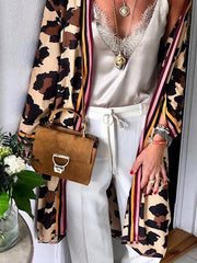 Women stylish long sleeve leopard printed long cardigans coats
