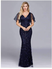 Sexy V neck Ruffle sleeve Fishtail Evening Dresses
