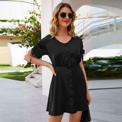 Casual Pure Fastener Short sleeve Lacing Skater Dresses