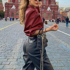 Pure Lapel PU Long sleeve Blouse