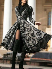 Fashion Print Lace Lapel Long sleeve Coat Maxi Dresses for women