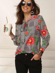 Fashion Lacing Print Long sleeve Blouses