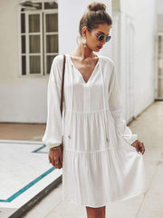 Fashion Pure V neck Lacing Long sleeve Shift Dresses
