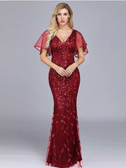 Sexy V neck Ruffle sleeve Fishtail Evening Dresses