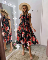 Fashion Print Vest Off shoulder Skater Dresses