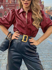 Pure Lapel PU Long sleeve Blouse