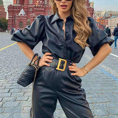 Pure Lapel PU Long sleeve Blouse