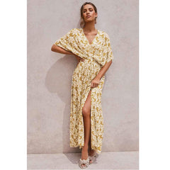 Fashion Print V neck Vent Short sleeve Skater Dresses