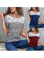 Round collar sexy lace leopard printed patchwork lady T-shirts
