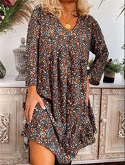 Fashion Print V neck Long sleeve Shift Dresses