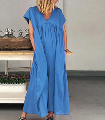 Casual Loose Pure V neck Short sleeve Gored Pocket Maxi Dresses