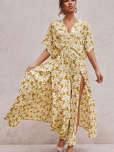 Fashion Print V neck Vent Short sleeve Skater Dresses