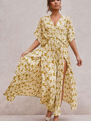 Fashion Print V neck Vent Short sleeve Skater Dresses