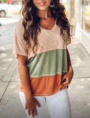 Casual Loose Stripe Gored V neck Short sleeve T-Shirts