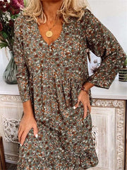 Fashion Print V neck Long sleeve Shift Dresses