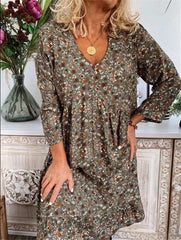 Fashion Print V neck Long sleeve Shift Dresses