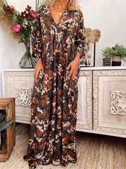 Fashion Camouflage Print V neck Long sleeve Maxi Dresses