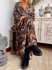 Fashion Camouflage Print V neck Long sleeve Maxi Dresses