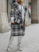 Big lapel women grid printed plaid long coats
