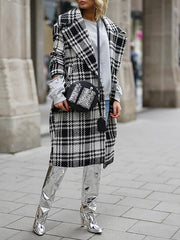 Big lapel women grid printed plaid long coats