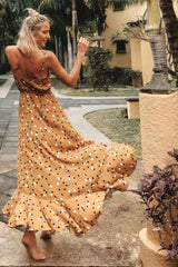 Fashion Point print V neck Vest Backless Falbala Maxi Dresses