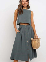 Fashion Fastener Round neck Piece suit Sleeveless Maxi Dresses