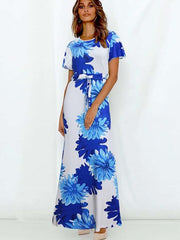 Fashion Print Lacing Short sleeve Round neck Maxi Dresses