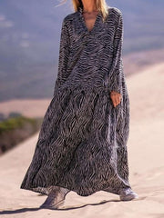 Casual Loose Stripe V neck Long sleeve Gored Maxi Dresses