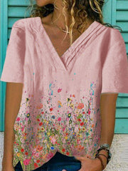 White Floral-Print Cotton-Blend Casual V Neck Shirts & Tops
