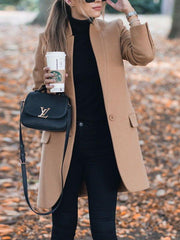 Solid Color Stand-Up Collar Pocket Woman Coat