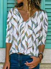 Elegant v neck leaf printed women long sleeve T-shirts