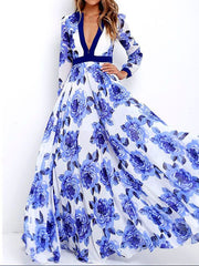 Sexy Deep V Collar Retro Printed Expansion Vacation Dress