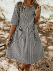 Round Neck Striped Pocket Loose Casual Dress