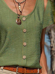 Cold shoulder Casual Shift Cotton-Blend Short Sleeve Shirts & Tops