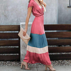 Fashion Gored Short sleeve Skater V neck Maxi Dresses