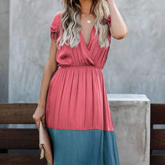 Fashion Gored Short sleeve Skater V neck Maxi Dresses