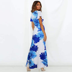 Fashion Print Lacing Short sleeve Round neck Maxi Dresses